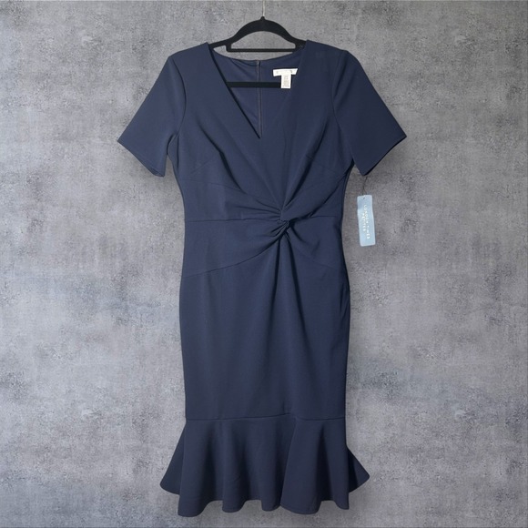 NEW London Times Petites Sheath Dress Womens 6P Blue Knot Front Career Cocktail - Picture 1 of 12